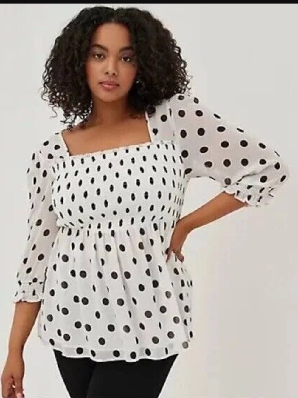 Torrid Black White Polka Dot Smocked Chiffon Babydoll Blouse Top